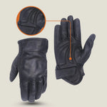 Men’s Black Gel Palm Riding Leather Gloves — front and back view showing full-finger protection, padded gel palm, and leather finish