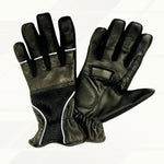 VL452 Men's Black Leather Motorcycle Gloves with reflective piping, elastic cuff, and padded protection – front and back view."