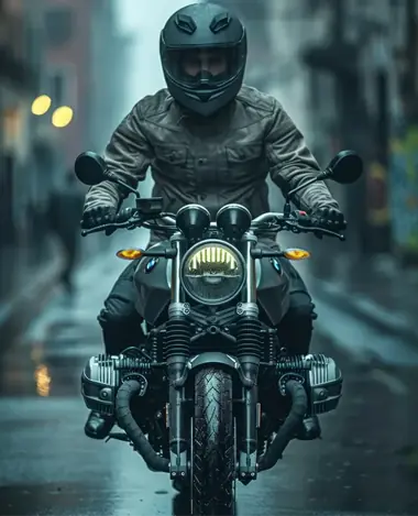 Person riding a motorcycle on a city street at night