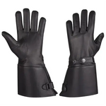 MG Men’s Thermal Lined Leather Gauntlet Gloves VL432 — pair of black leather gloves front palm view with snap wrist strap, insulated thermal lining, and extended gauntlet cuff for winter motorcycle riding