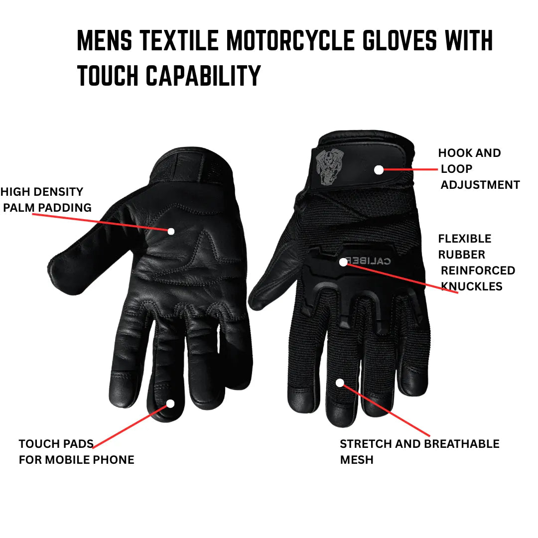Caliber Men's Textile Motorcycle Gloves with hook-and-loop adjustment, touch tips, and flexible reinforced knuckles Features Highlights
