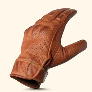 Premium brown leather perforated motorcycle gloves for men, featuring a stylish waxed finish for durability and breathability