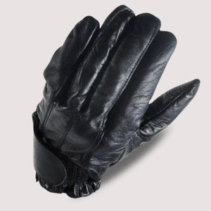 MG GL2091 Men’s Black Gel Palm Leather Driving Gloves — angled back view of leather glove pair with sleek black finish on plain background