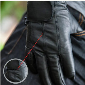 GL2091 Men’s Black Gel Palm Leather Driving Gloves — back view on rider’s hand with close-up stitching detail highlighted in red circle for durability and style