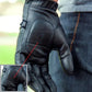 GL2091 Men’s Black Gel Palm Leather Driving Gloves — outdoor back view worn on rider’s hand with highlighted stitching for strength and comfort