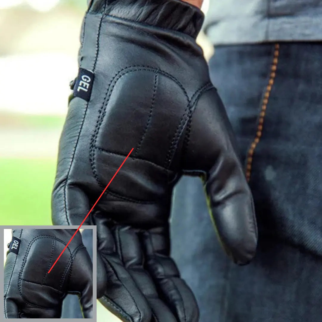 GL2091 Men’s Black Gel Palm Leather Driving Gloves — outdoor back view worn on rider’s hand with highlighted stitching for strength and comfort