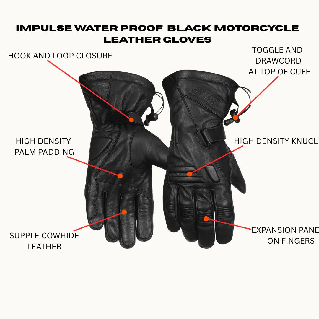 Impulse Waterproof Leather Motorcycle Gloves – front and back view with highlighted features and reinforced protection