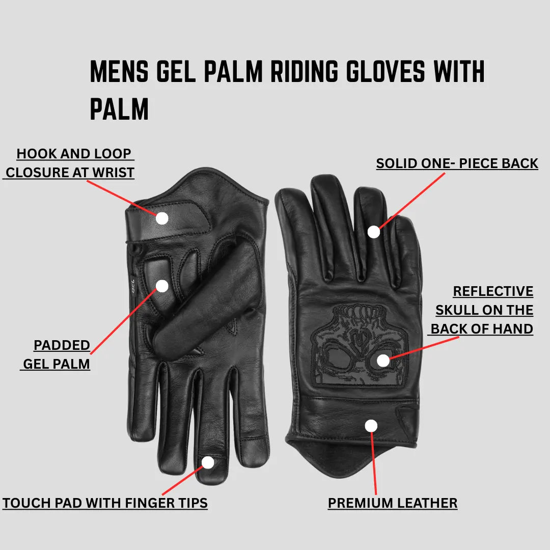 Leather Premium Motorcycle gloves highlight its features hook and loop, sold one piece back, padded gel palm, premium leather, touch pad with finger tips 