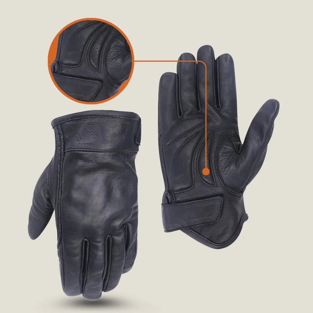 Men’s Black Gel Palm Riding Leather Gloves — front and back view showing full-finger protection, padded gel palm, and leather finish