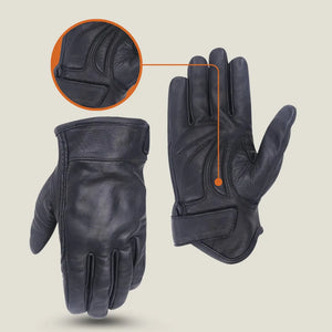 Men’s Black Gel Palm Riding Leather Gloves — front and back view showing full-finger protection, padded gel palm, and leather finish