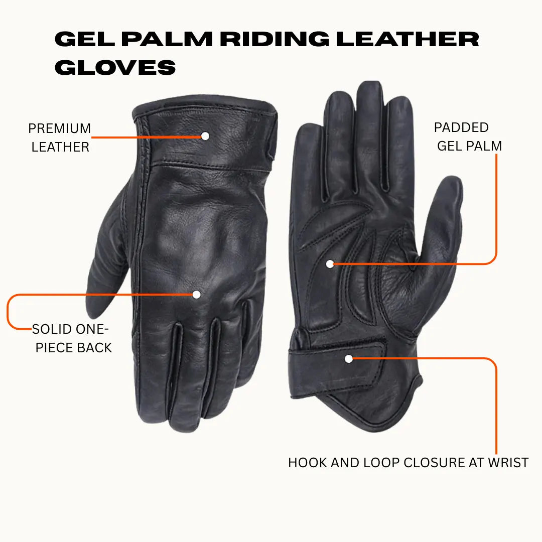 Men’s Black Gel Palm Riding Leather Gloves — feature highlights including premium leather, padded gel palm, hook and loop closure, and reinforced back