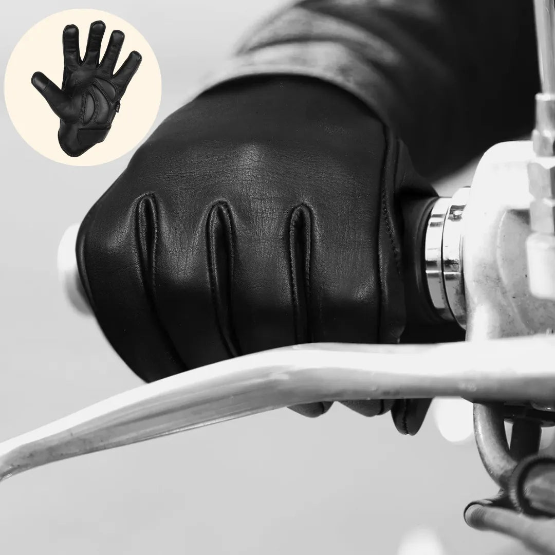 Men’s Black Gel Palm Riding Leather Gloves — rider gripping motorcycle handlebar with padded gel palm protection and comfortable leather fit