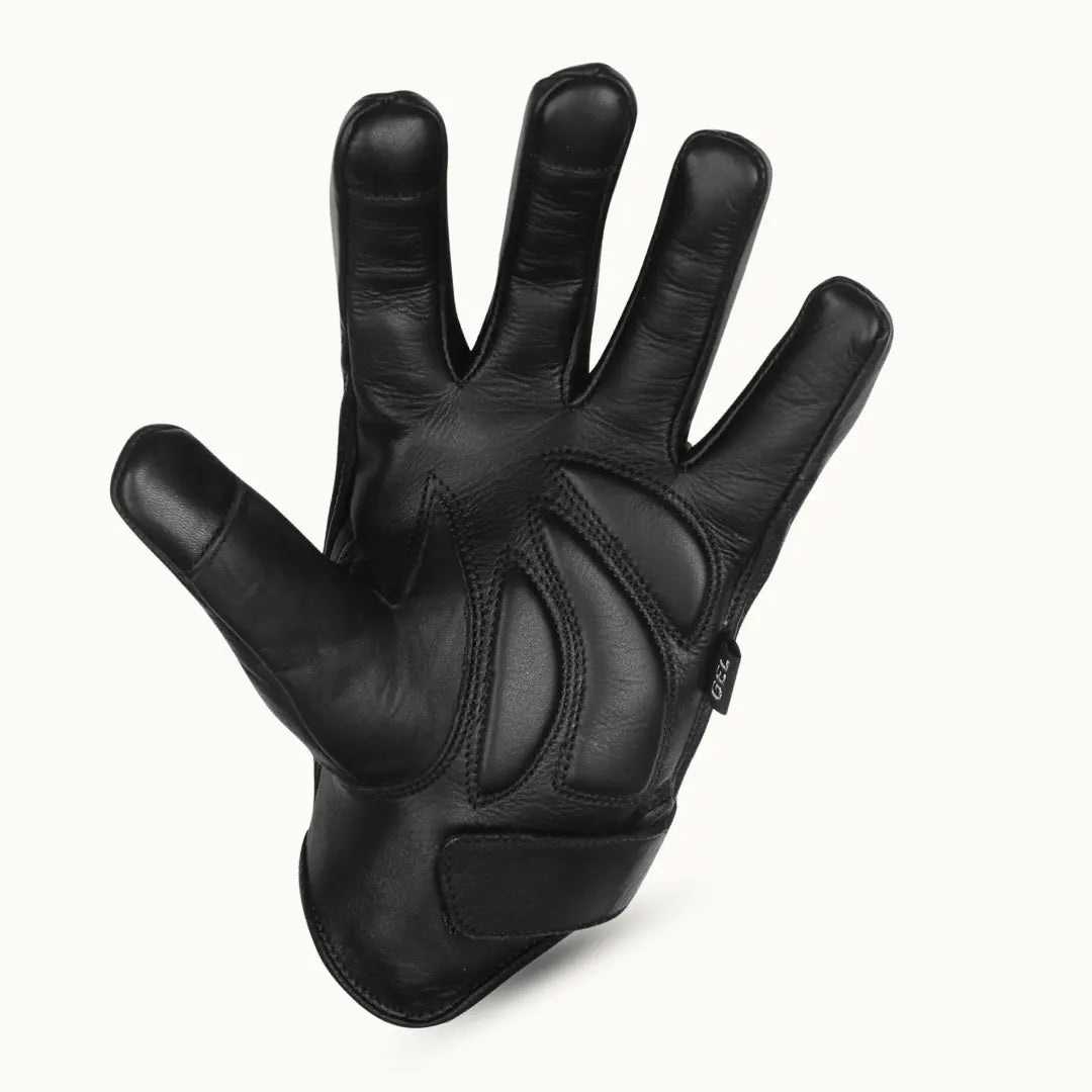 Men’s Black Gel Palm Riding Leather Gloves — palm view showing gel padding, ergonomic stitching, and durable leather construction