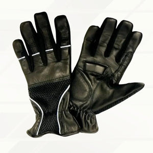 VL452 Men's Black Leather Motorcycle Gloves with reflective piping, elastic cuff, and padded protection – front and back view."