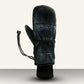 Winter Mountaineering Mittens in black leather with ribbed cuff and adjustable strap for outdoor snow activities.
