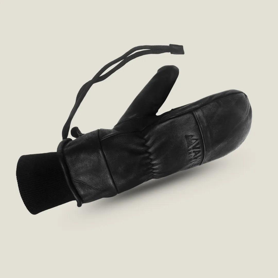 Black Winter Snow Mittens with durable leather exterior, warm lining, and secure wrist strap for skiing and snowboarding.