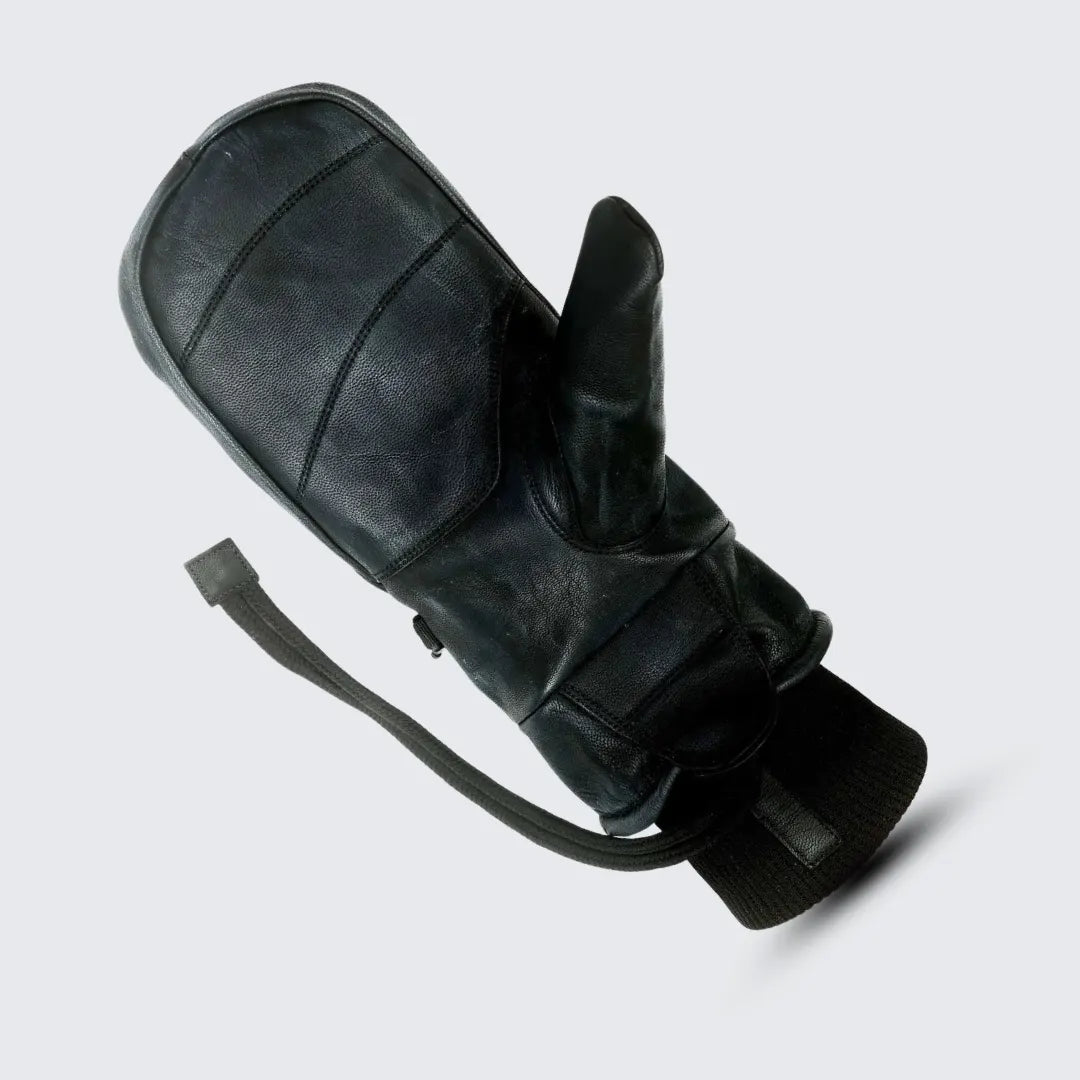 Black Leather Winter Mittens with rugged design, soft insulation, and wrist adjustment for cold weather sports.