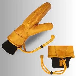 Winter Ski Mittens in yellow leather with split-finger design and drawstring closure for mountaineering and snow sports.