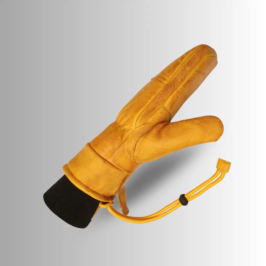 Winter Split-Finger Mittens in yellow leather, perfect for skiing, snowboarding, and mountaineering.
