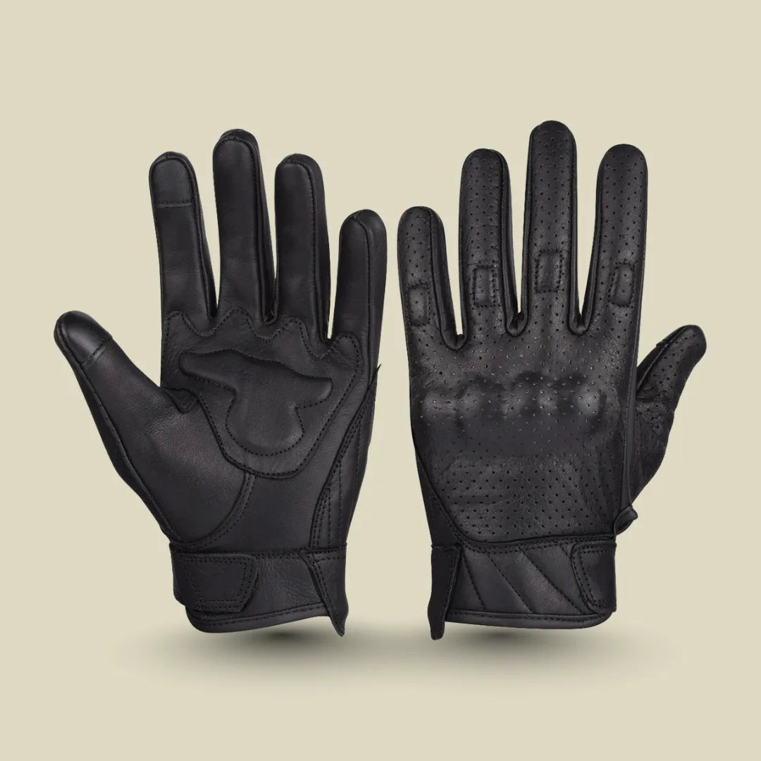 Men's premium leather perforated motorcycle gloves with padded gel palms and soft knuckles for enhanced protection and comfort