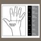 Hand measurement chart for shoe sizes with a hand illustration and size measurements.