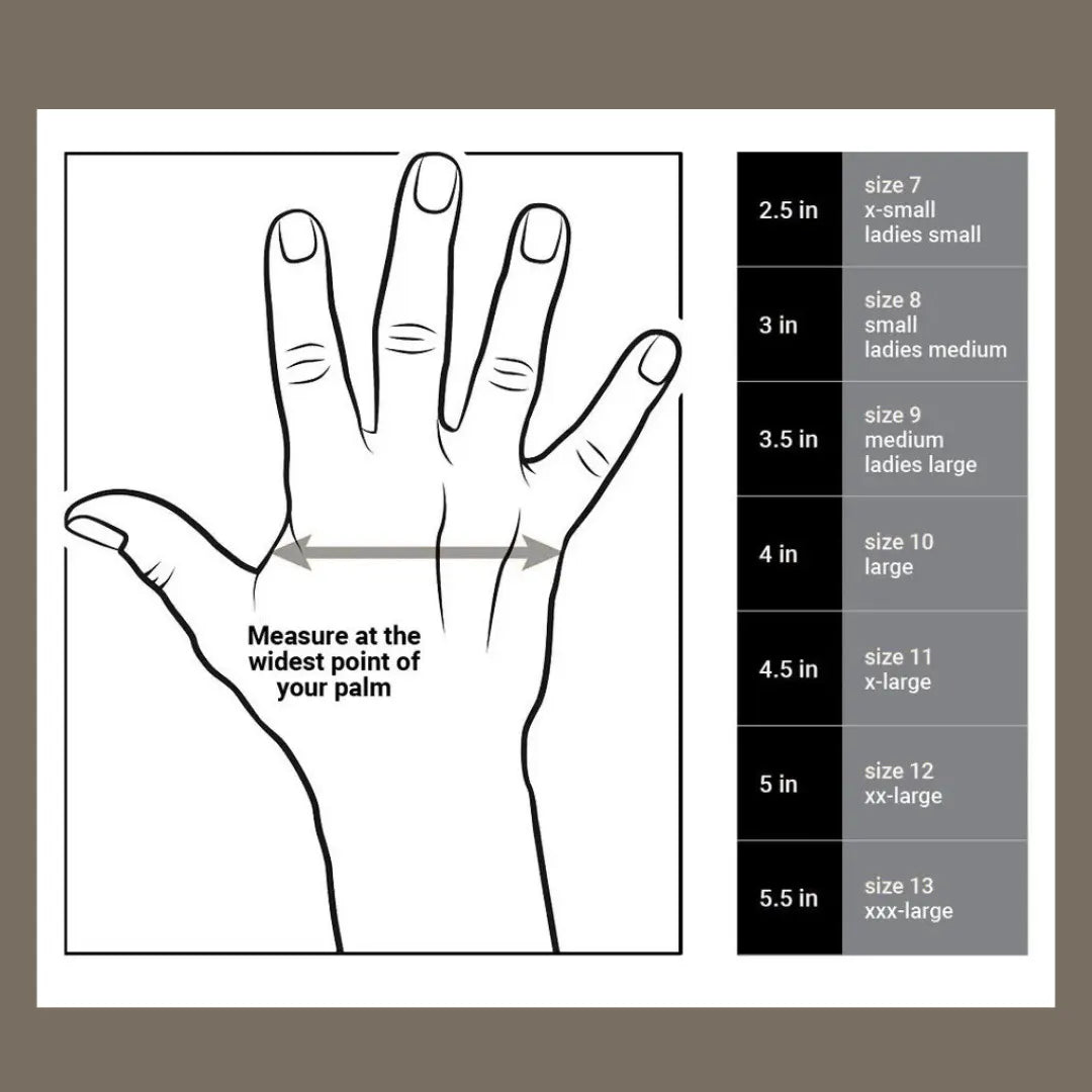 Hand measurement chart for shoe sizes with a hand illustration and size measurements.